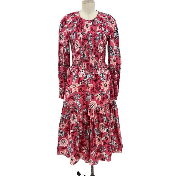 Banjanan Mortiz Dress Midi Smocked Floral Print Cotton Pink Size Small - Picture 2 of 14